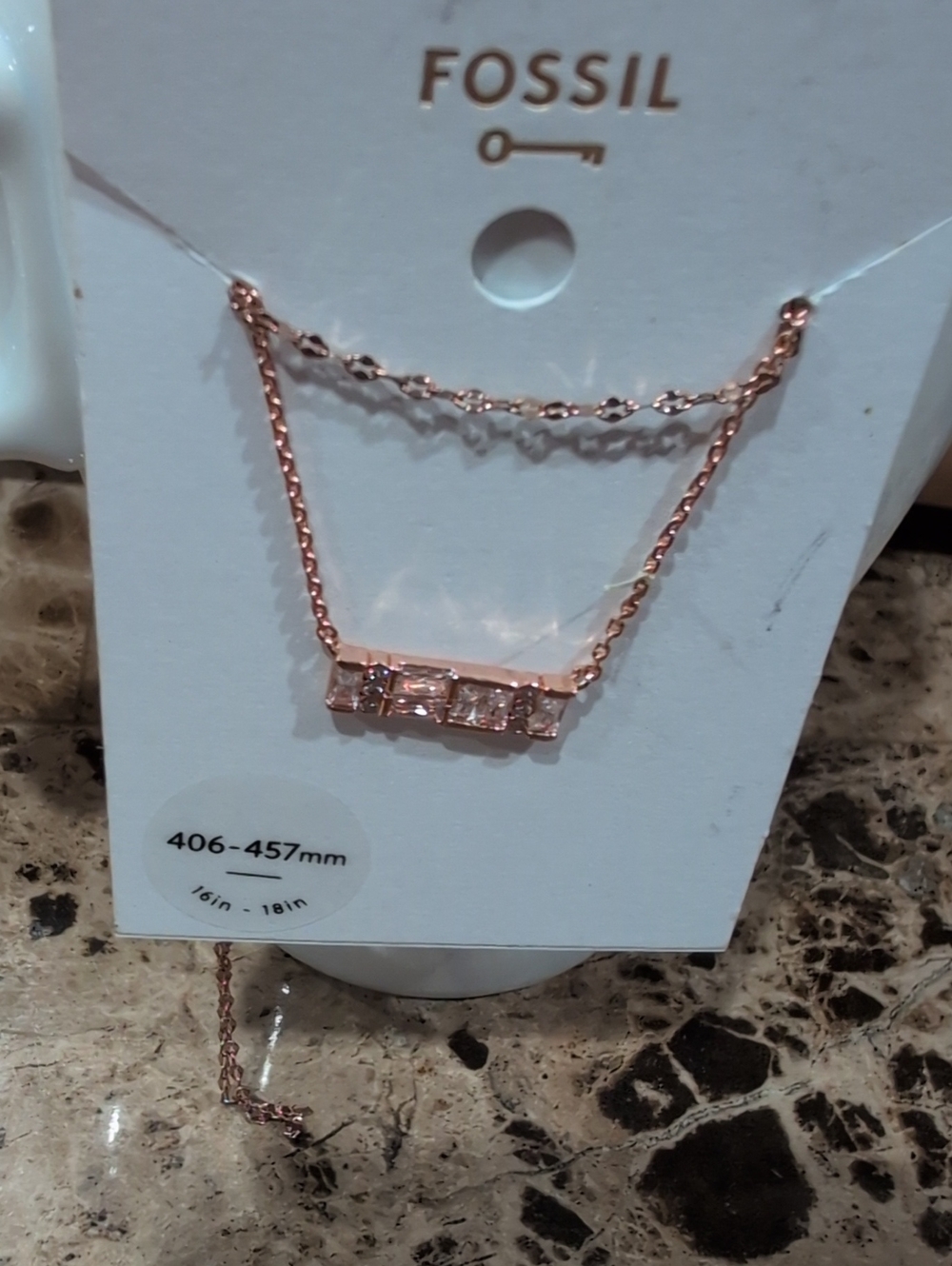 Fossil Rose Gold Bar Necklace with Clear Crystals